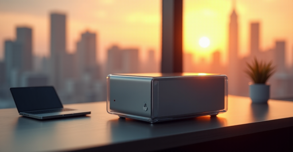 "A sleek silver blockchain storage device on a dark wood desk amidst 5G connectivity components, set against a warm golden hour-lit cityscape with soft natural light."