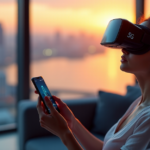 "5G Revolutionizes Entertainment: Boosting Immersive Experiences with Seamless Connectivity" "A young woman wearing VR goggles and holding a high-tech smartphone with a 5G logo, immersed in an otherworldly experience amidst a futuristic living room."