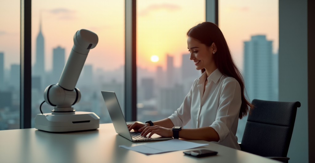 "A young woman sits at her desk in a modern office space surrounded by cutting-edge tech, including top 5G connectivity gadgets 2025, efficiently working on her laptop with AI automation devices nearby."