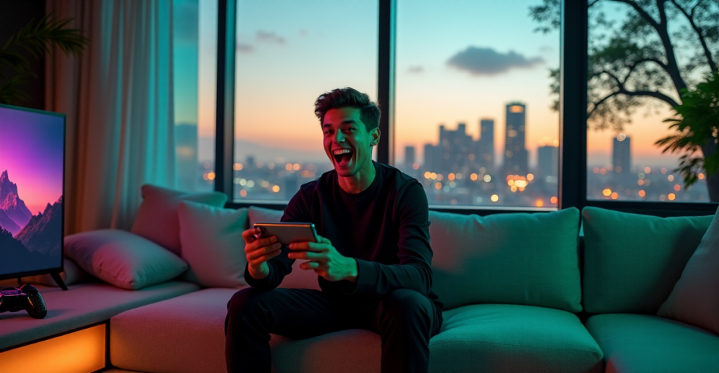 "A young adult surrounded by cutting-edge technology gadgets and AI-powered entertainment devices in a futuristic living room with a cityscape at sunset."