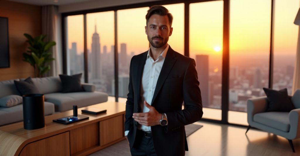 "A man stands confidently in a modern smart home surrounded by top 5G connectivity gadgets, including a smart speaker, wireless charging pad, thermostat, and security camera."