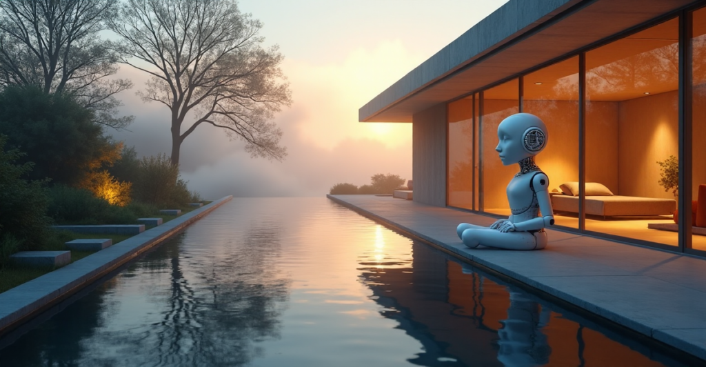"Image of a serene mental health facility at dusk with an AI-powered robotic therapist in a cozy room surrounded by calming plants and soothing water features."