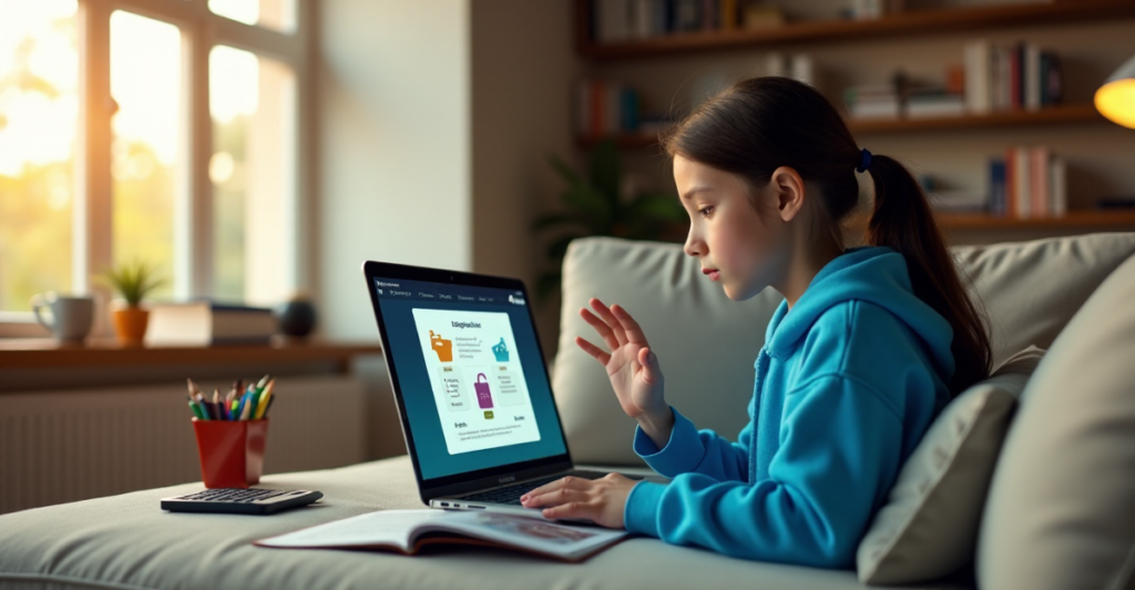 "A young girl sits confidently on a modern couch, engaging with an educational platform on her laptop, surrounded by learning tools in a well-lit living room."