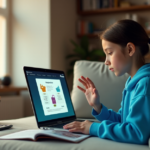 "A young girl sits confidently on a modern couch, engaging with an educational platform on her laptop, surrounded by learning tools in a well-lit living room."