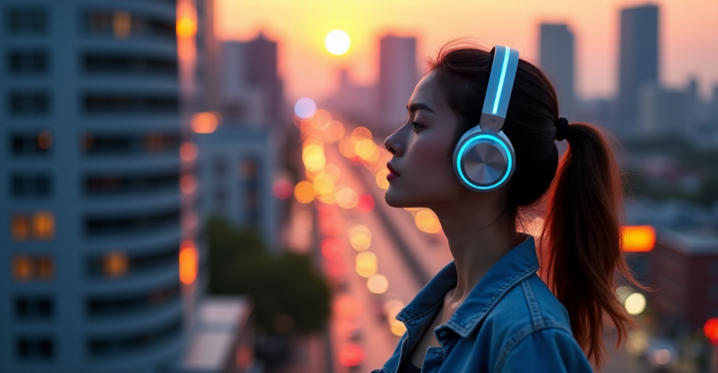 "A young woman wearing sleek wireless headphones on a rooftop at dusk, surrounded by city skyscrapers and vibrant streetlights, experiencing euphoric music connection with Smart 5G tech gadgets."
