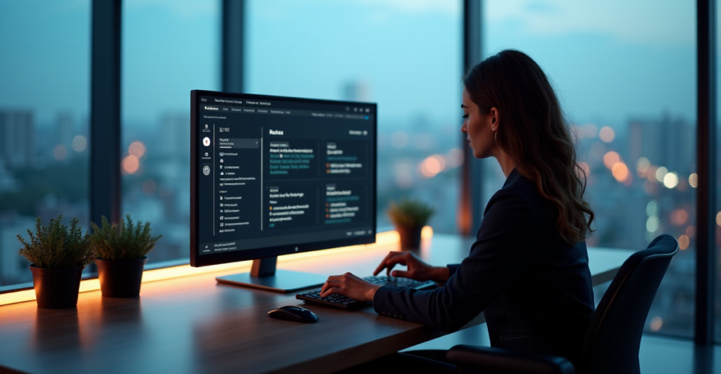 "An HR professional sits calmly at a modern desk with a large touchscreen monitor displaying AI-automated HR processes, surrounded by plants and a serene cityscape."