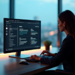 Effortless Productivity: Top Tech for Streamlined HR Processes with AI Automation and 5G Connectivity "An HR professional sits calmly at a modern desk with a large touchscreen monitor displaying AI-automated HR processes, surrounded by plants and a serene cityscape."