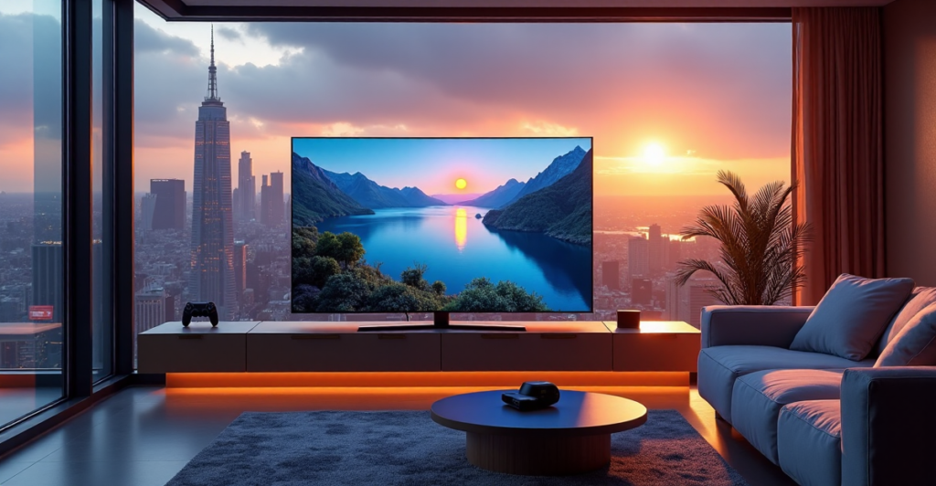 "A futuristic living room featuring a large smart TV surrounded by top 5G connectivity gadgets, bathed in warm golden hour lighting with a cityscape view."