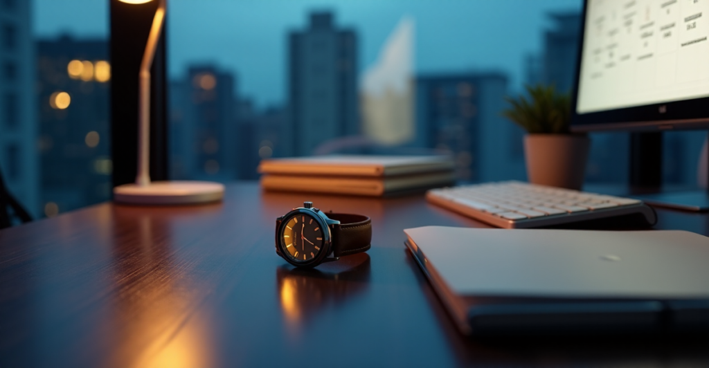 "A sleek silver smartwatch rests on a polished dark wood desk amidst an organized workspace with neatly stacked paper notebooks and high-tech gadgets, evoking serenity and focus."