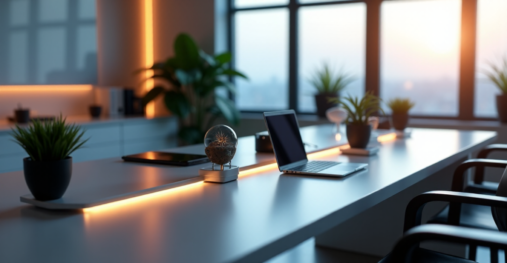 "A modern office space featuring cutting-edge tech gadgets and AI automation devices arranged on a sleek glass desk in harmonious composition."