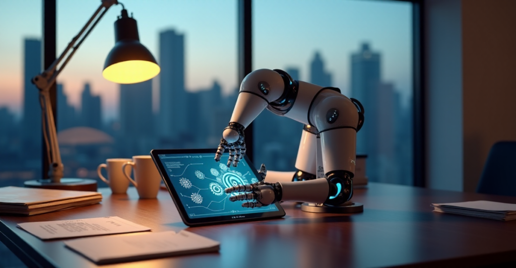 "A sleek silver robotic arm with glowing blue LED lights sits on a modern office desk amidst scattered papers and folders, delicately holding a high-tech tablet displaying a flowchart of interconnected gears."