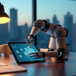 "A sleek silver robotic arm with glowing blue LED lights sits on a modern office desk amidst scattered papers and folders, delicately holding a high-tech tablet displaying a flowchart of interconnected gears."