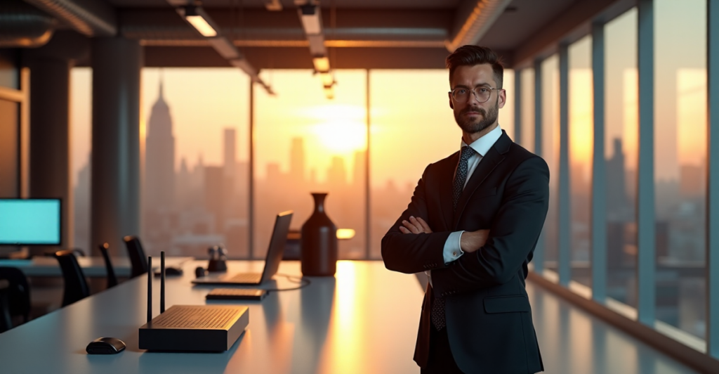 "Max Zypher stands confidently in front of a modern office desk featuring cutting-edge 5G gadgets and AI automation devices."