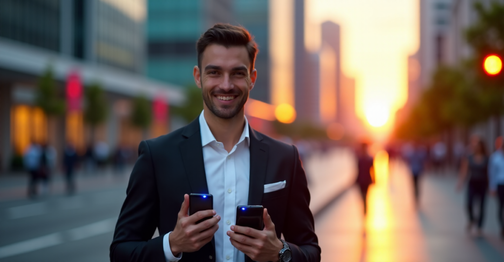 "A young professional stands confidently in front of a modern cityscape at sunset, holding a futuristic smartphone and smartwatch, symbolizing top 5G connectivity gadgets 2025."