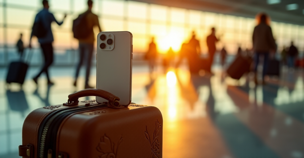 "A sleek silver smartphone with a 5G-enabled travel gadget attached, placed on a vintage suitcase amidst airport chaos, showcasing cutting-edge innovation."