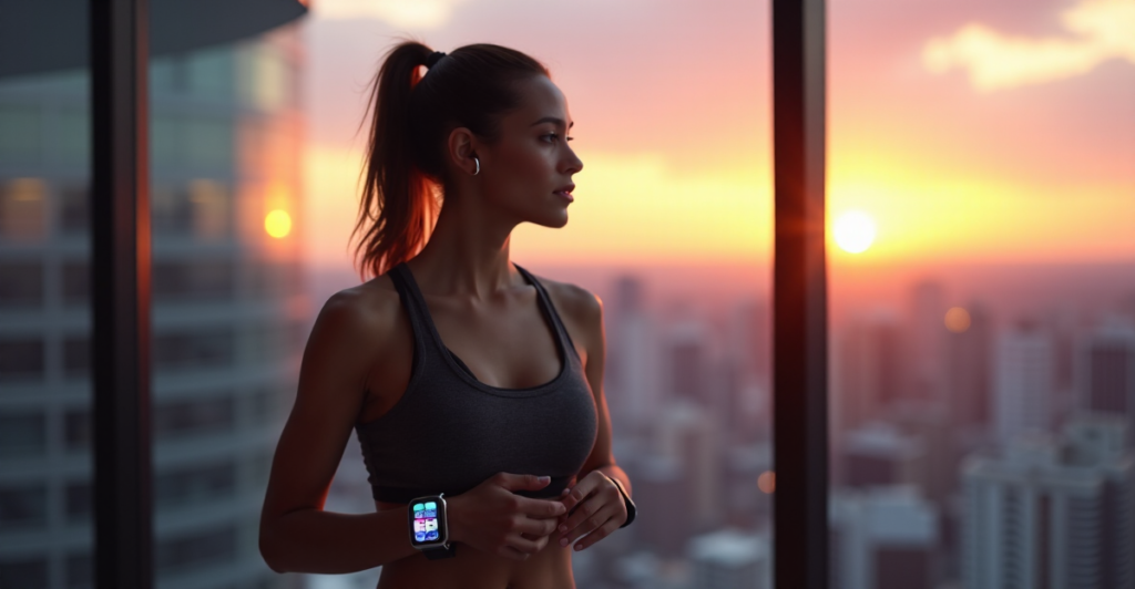 "A young woman confidently stands in front of a cityscape at sunset, wearing sleek wearable tech gadgets including a smartwatch, earbuds, and fitness tracker with top 5G connectivity features."