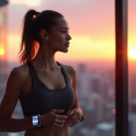 "A young woman confidently stands in front of a cityscape at sunset, wearing sleek wearable tech gadgets including a smartwatch, earbuds, and fitness tracker with top 5G connectivity features."