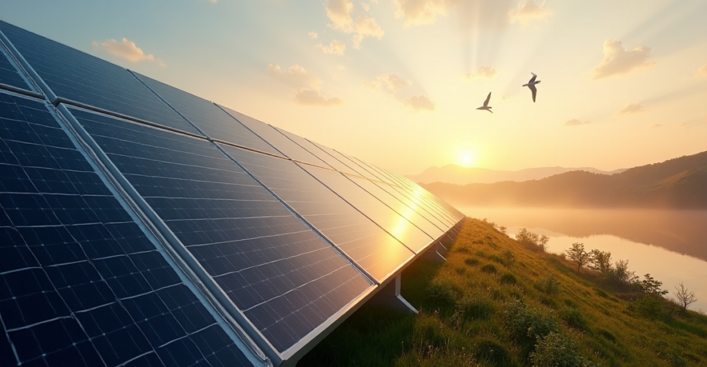 "A large-scale solar panel farm at sunrise on a rolling hillside overlooking a serene lake and lush greenery, with warm golden hour light casting long shadows across sleek panels."