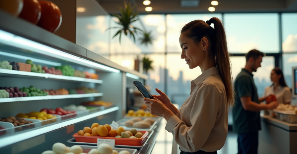 "A young woman scans groceries using an AR-enabled smartphone app in a modern smart retail store with seamless 5G-powered checkout experience."