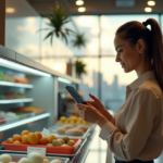 "A young woman scans groceries using an AR-enabled smartphone app in a modern smart retail store with seamless 5G-powered checkout experience."