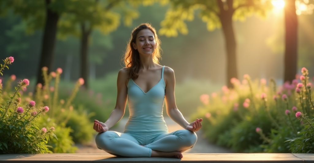 "A serene woman in a pastel blue yoga outfit sits on a minimalist bench amidst lush greenery, surrounded by cutting-edge technology seamlessly integrated into her peaceful morning routine."