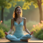 Smarter Living Simplified: Unlock Effortless Balance with Top 5G Gadgets and Wellness Tech "A serene woman in a pastel blue yoga outfit sits on a minimalist bench amidst lush greenery, surrounded by cutting-edge technology seamlessly integrated into her peaceful morning routine."