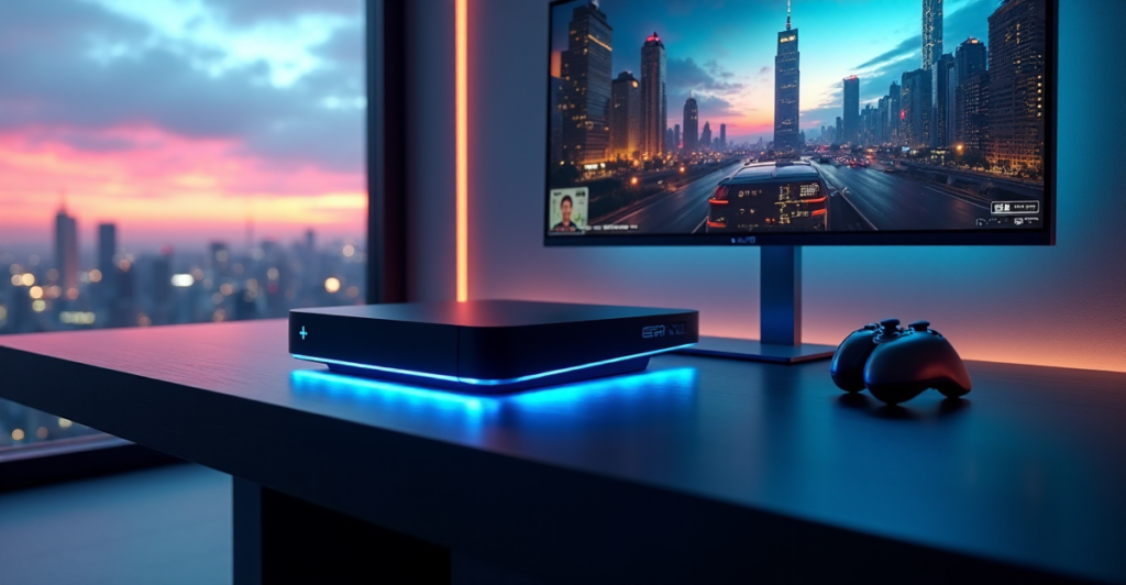 "A sleek gaming setup on a dark hardwood desk, surrounded by a futuristic room with cityscape views at dusk, featuring a 5G-enabled console with AI-powered controller and high-end monitor."
