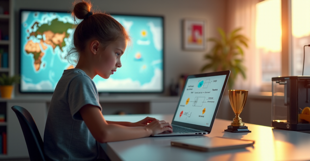 "A young student sits at a modern desk with an open laptop displaying interactive math equations on a digital whiteboard, surrounded by education tech tools and natural light."