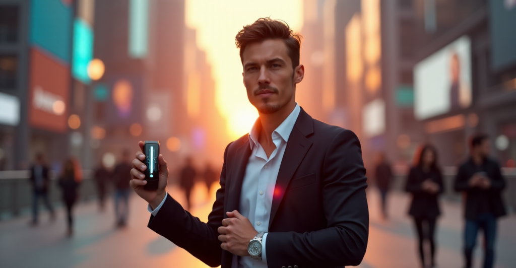 "Max Zypher stands confidently in front of a modern cityscape at sunset, embracing cutting-edge technology with a tailored suit and futuristic devices."