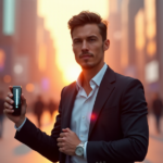 "Max Zypher stands confidently in front of a modern cityscape at sunset, embracing cutting-edge technology with a tailored suit and futuristic devices."