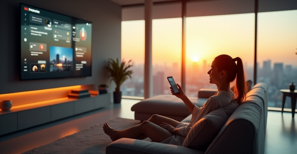 "A woman sits on a plush couch in a modern living room surrounded by smart home devices, interacting with a large touchscreen display showcasing various features and settings."