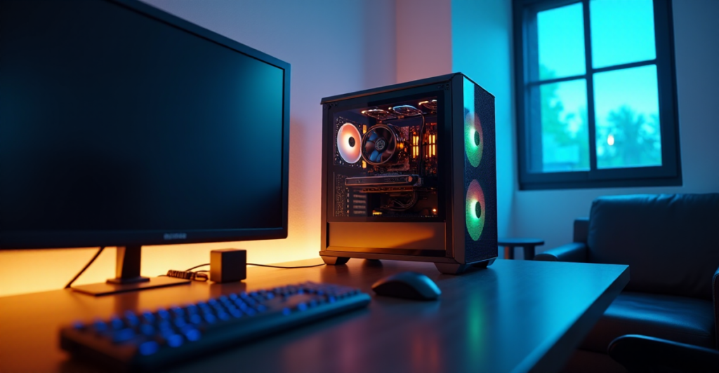 "A high-end gaming PC on a dark wood desk in a modern home office, with soft natural light and blue hues creating a calm focus."