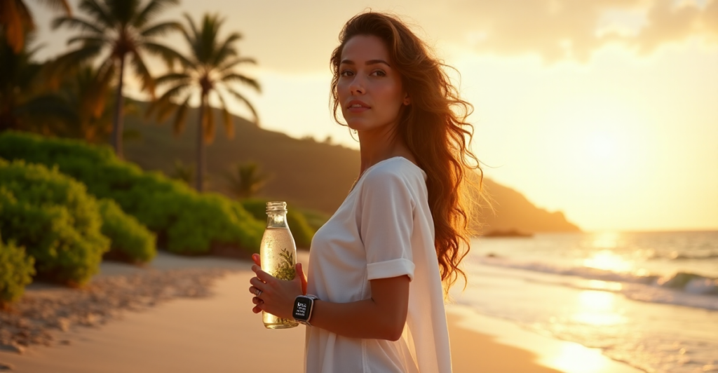 "A serene woman stands on a tranquil beach at sunset, wearing a flowing white dress and holding a smartwatch with a 5G indicator, symbolizing healthier choices amidst natural beauty."