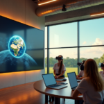 "Modern smart classroom scene: students aged 12-14 engage with interactive lesson on large touchscreen display, wearing VR headsets, surrounded by cutting-edge education tech tools."