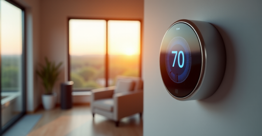 "A serene smart home living room featuring a cutting-edge smart thermostat on a wall-mounted metallic frame with a soft blue glow, surrounded by minimalist decor and natural light."