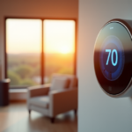 "A serene smart home living room featuring a cutting-edge smart thermostat on a wall-mounted metallic frame with a soft blue glow, surrounded by minimalist decor and natural light."