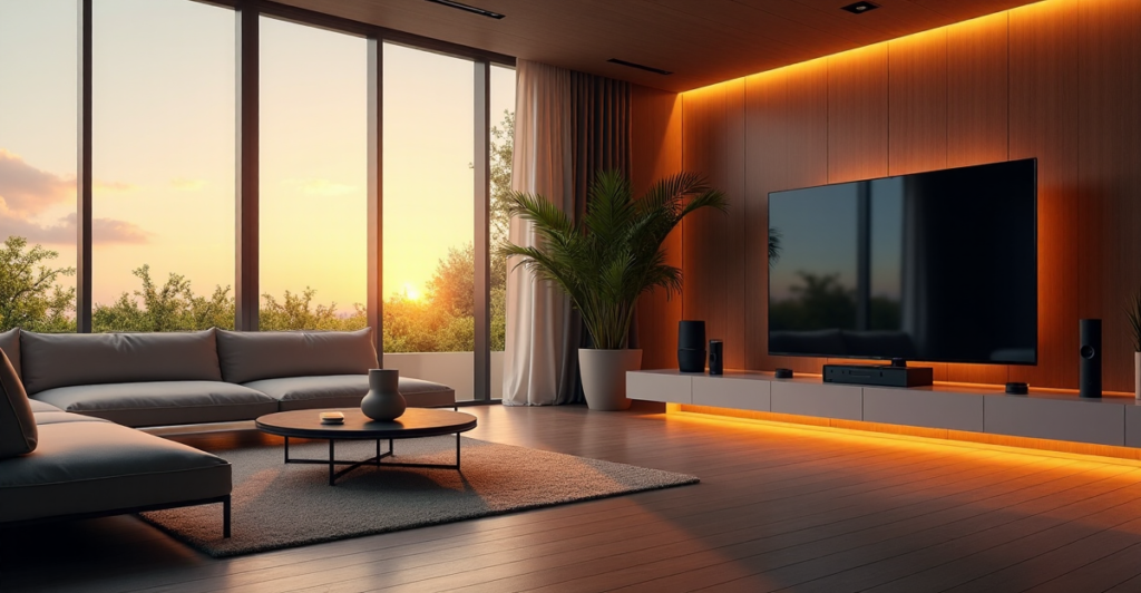 "A modern living room with a 65-inch 4K OLED smart TV at its center, surrounded by AI automation devices and lush greenery-filled balcony, showcasing top 5G connectivity gadgets 2025 in a serene and sophisticated setting."