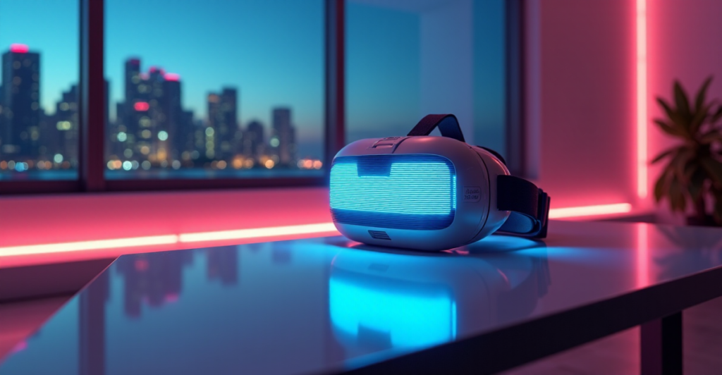 "A futuristic gaming setup featuring a sleek VR headset with glowing visor and pulsing metallic body on a minimalist glass desk amidst dimly lit room with soft LED lighting, showcasing Top 5G connectivity gadgets in action."