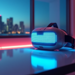 Immersive VR Experiences Redefined with Top Gaming Tech Innovations "A futuristic gaming setup featuring a sleek VR headset with glowing visor and pulsing metallic body on a minimalist glass desk amidst dimly lit room with soft LED lighting, showcasing Top 5G connectivity gadgets in action."