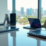 "A sleek desk setup featuring five cutting-edge 5G smartphones with unique designs and features on a polished glass surface, surrounded by a modern chair and floor-to-ceiling window."
