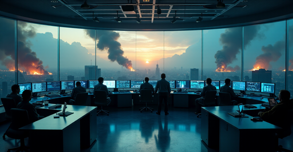 "A dimly lit emergency operations room with responders intensely focused on screens displaying real-time data feeds from drones above a devastated cityscape, highlighting AI-powered disaster response efforts amidst top gadgets innovations."