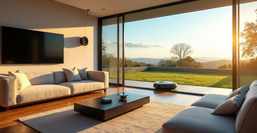 "A modern living room with AI-powered smart home devices, featuring a futuristic thermostat, voice-controlled speaker system, security camera, and intelligent robotic vacuum cleaner, amidst tasteful industrial-chic decor and serene outdoor scenery."