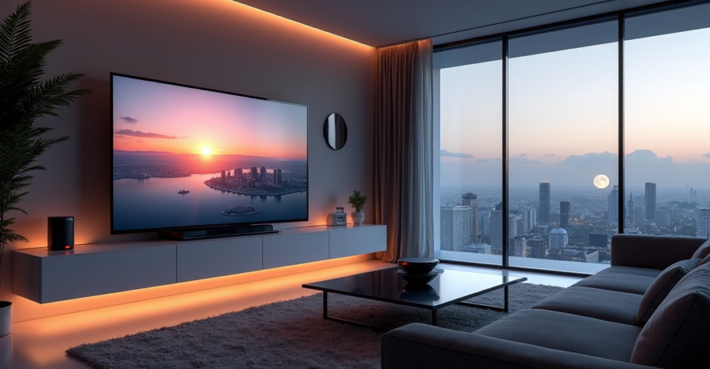 "A modern living room featuring a large 4K smart TV, cutting-edge home automation devices, and floor-to-ceiling windows with a serene cityscape at sunset."
