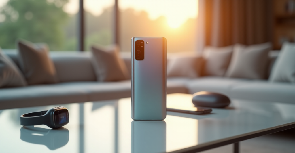 "A sleek silver smartphone on a minimalist glass surface in a modern living room, surrounded by high-tech gadgets, showcasing top 5G connectivity gadgets missing from 2025."