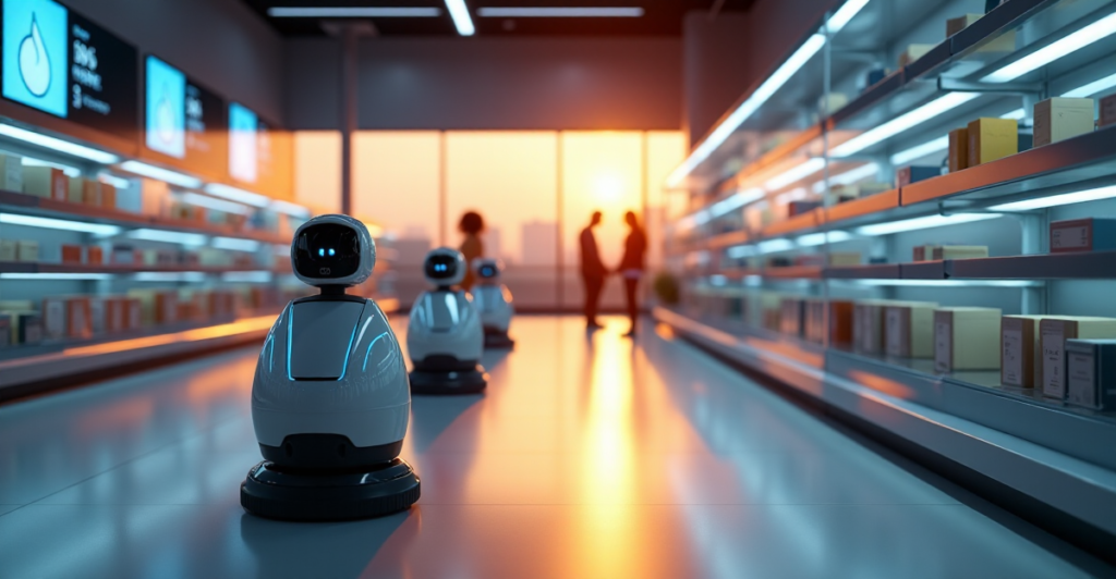 "Ultra-realistic photograph of a futuristic retail store with AI-powered robots efficiently restocking shelves, utilizing top 5G connectivity gadgets for real-time inventory management."