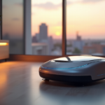 A futuristic smart home setup featuring a sleek robotic vacuum cleaner, NeuroVac, with top-notch gadgets seamlessly integrated, showcasing cutting-edge technology and innovative design.