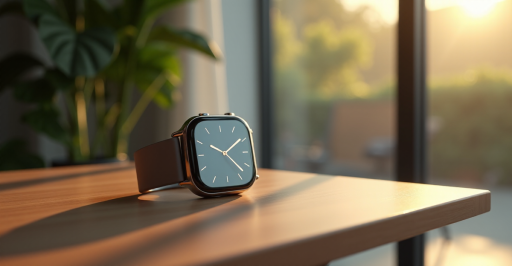 A sleek silver smartwatch on a minimalist wooden desk in a modern living room with lush greenery and natural light, surrounded by cutting-edge gadgets including top 5G connectivity devices.