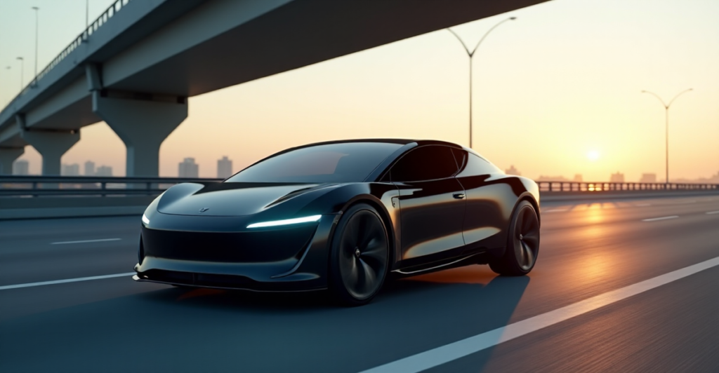 "An autonomous vehicle parked on a modern highway overpass with discreet 5G antennae, showcasing cutting-edge tech in serene evening light."