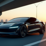 "An autonomous vehicle parked on a modern highway overpass with discreet 5G antennae, showcasing cutting-edge tech in serene evening light."