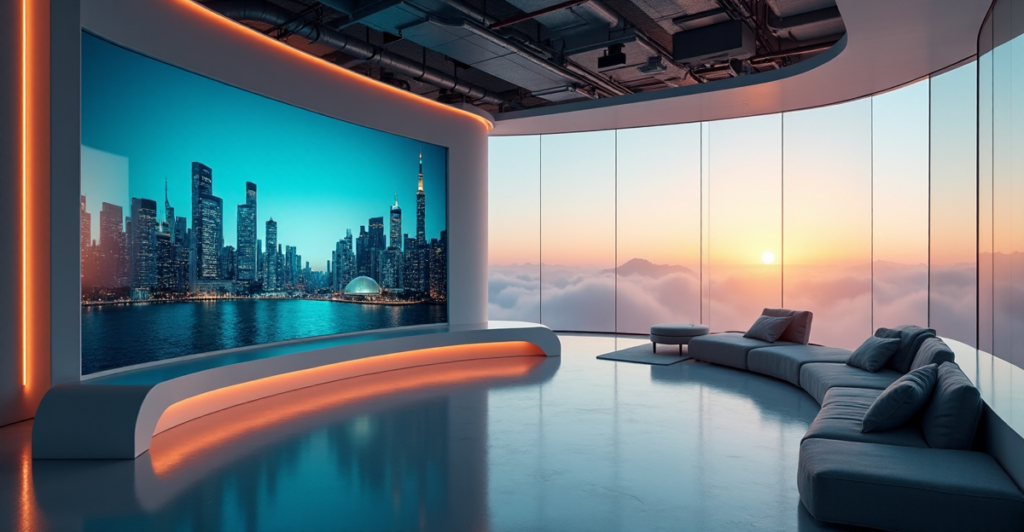 "A sleek, high-tech control room featuring a curved screen displaying a futuristic cityscape at dusk, showcasing cutting-edge AI automation systems in action."